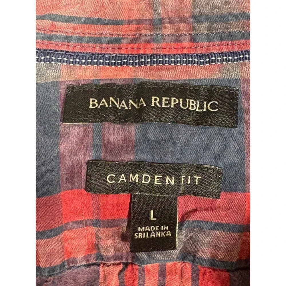 Banana Republic Camden Fit Mens Large Red Navy Blue Plaid Cotton Button Down